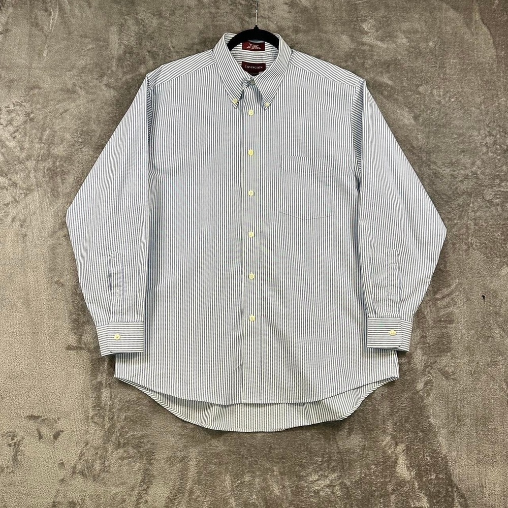 Covington Blue White Striped Button Down Shirt Large 16.5 32/33 Preppy Office